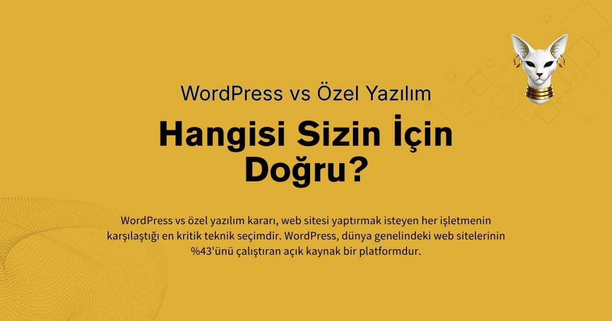 Kedi simgeli sarı grafik, metin okunur: "WordPress vs Özel Yazılım Hangisi Sizin İçin Doğru?" ve altında web siteleri için WordPress veya özel yazılım seçimi hakkında kısa bir paragraf. | Karen Dijital